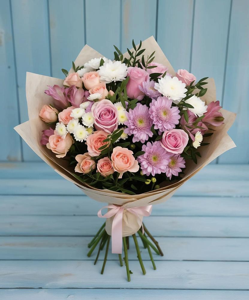 Букет цветов из: Хризантемы, Розы и Альстромерии в Воронки