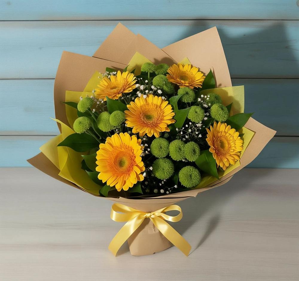 Букет цветов из: Герберы и Хризантемы в Воронки