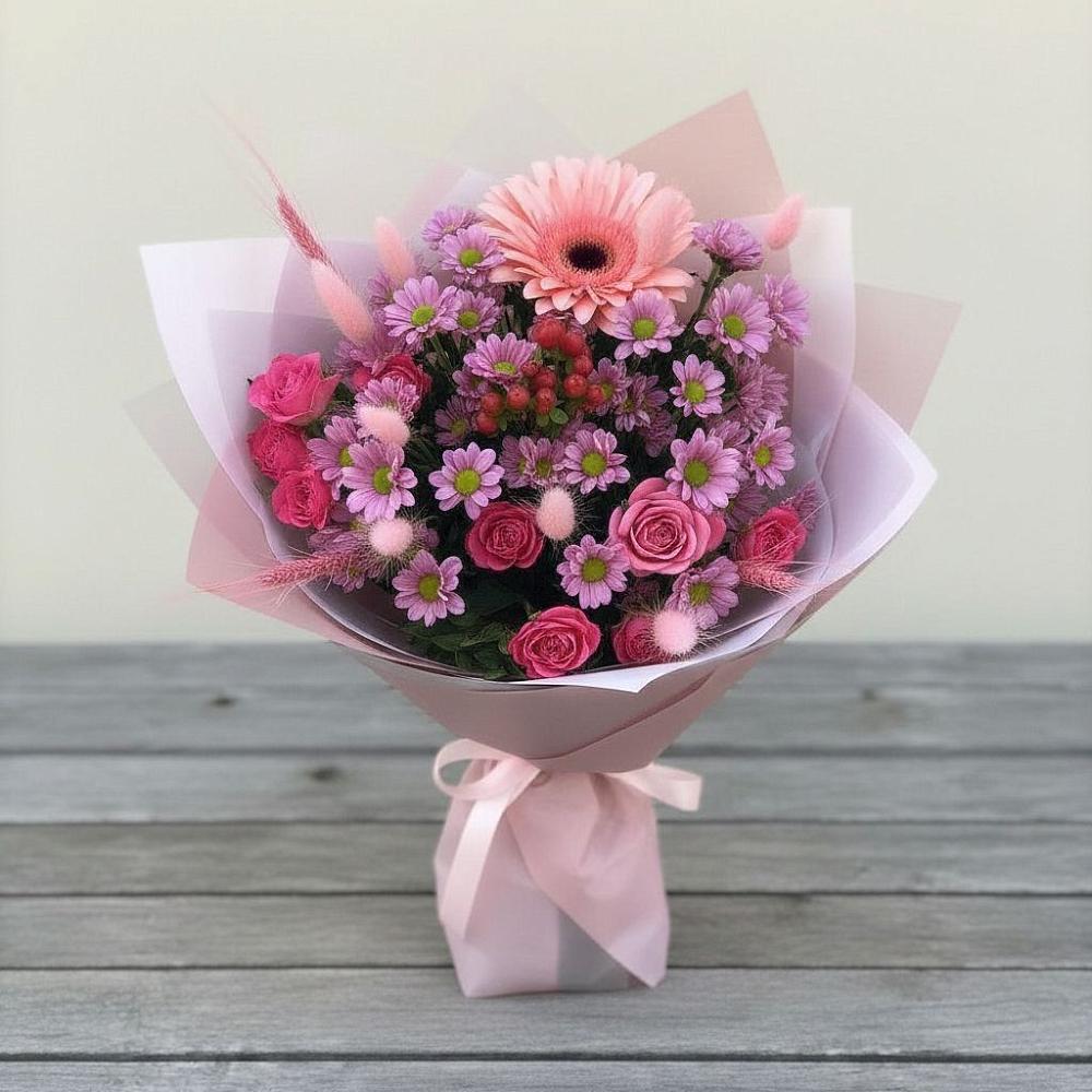 Букет цветов из: Розы, Герберы и Хризантемы в Воронки