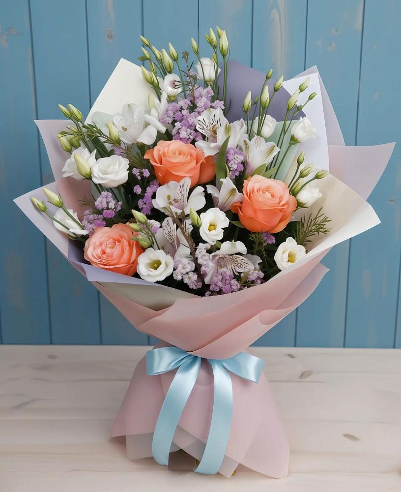 Букет цветов из: Лизиантусы, Розы, Альстромерии и Гипсофила в Воронки