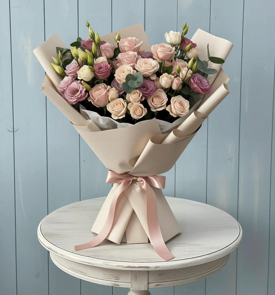 Букет цветов из: Розы и Лизиантусы в Воронки