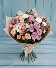 Букет цветов из:  Хризантемы, Розы и Альстромерии в Воронки