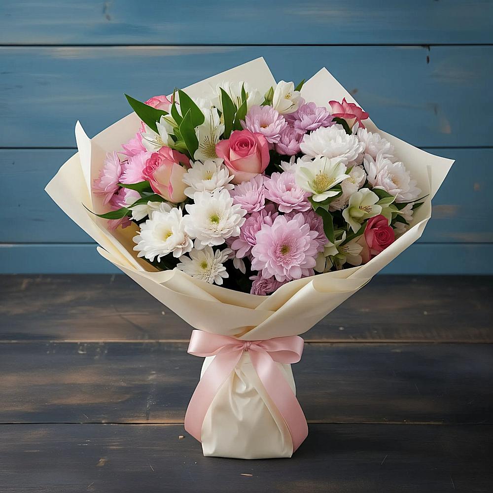 Букет цветов из: Хризантемы, Альстромерии и Розы в Воронки